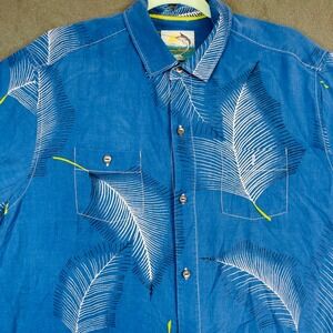Tommy Bahama Silk Shirt Men's Medium Blue Palm Leaf Print Island Modern‎ Fit